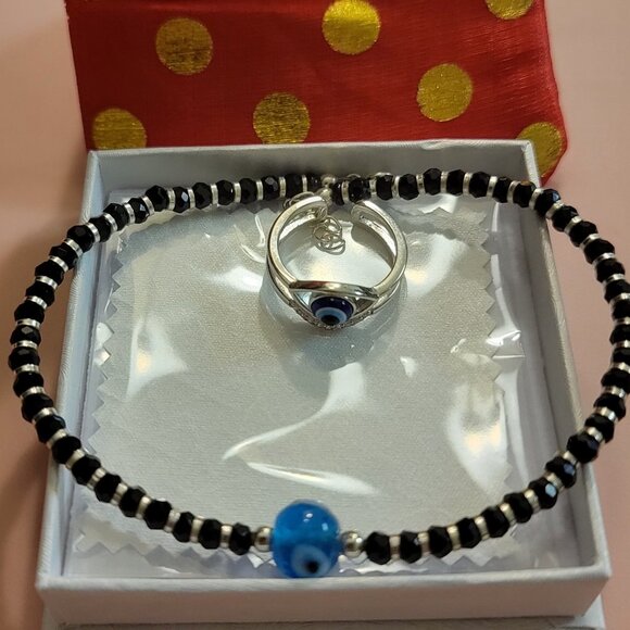 π§Ώ Evil Eye Jewelry Set β Sterling Silver Ring + Anklet, NWT π - Picture 1 of 5